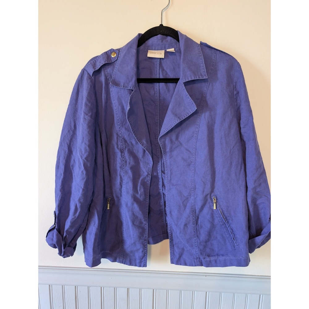 Chicos Linen Utility Jacket Women XL Blue Coastal Grandmother Resortwear Beach